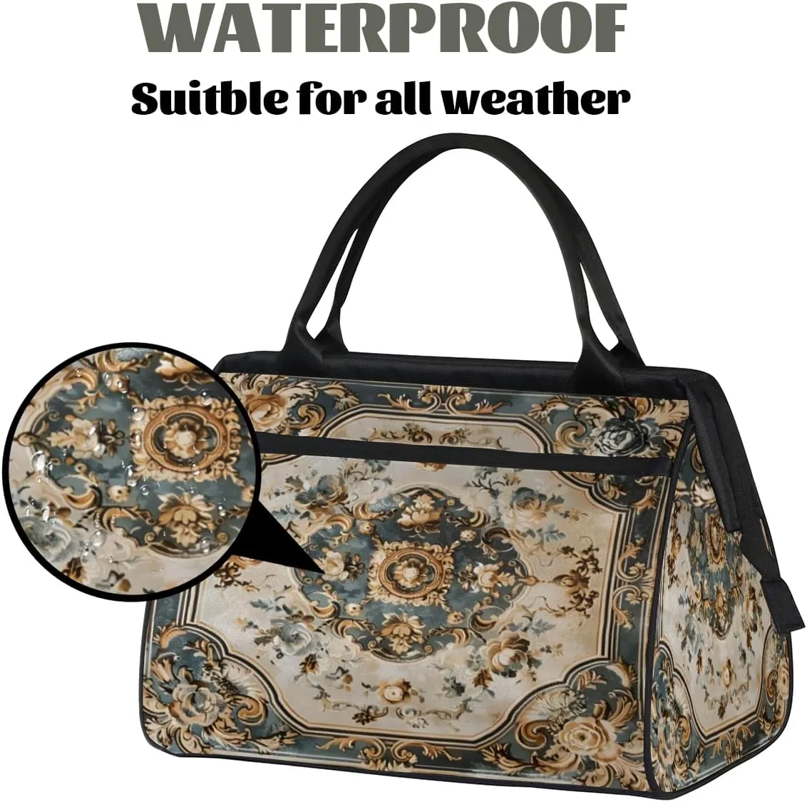Duffel Bags Gym Bag for Women Men, Travel Duffel Bag with Trolley Sleeve, Waterproof Sports Gym Bag Weekender Overnight Bag Carry On Tote Bag for Gym Travel Sport, Tile Flowers Ornament Pattern