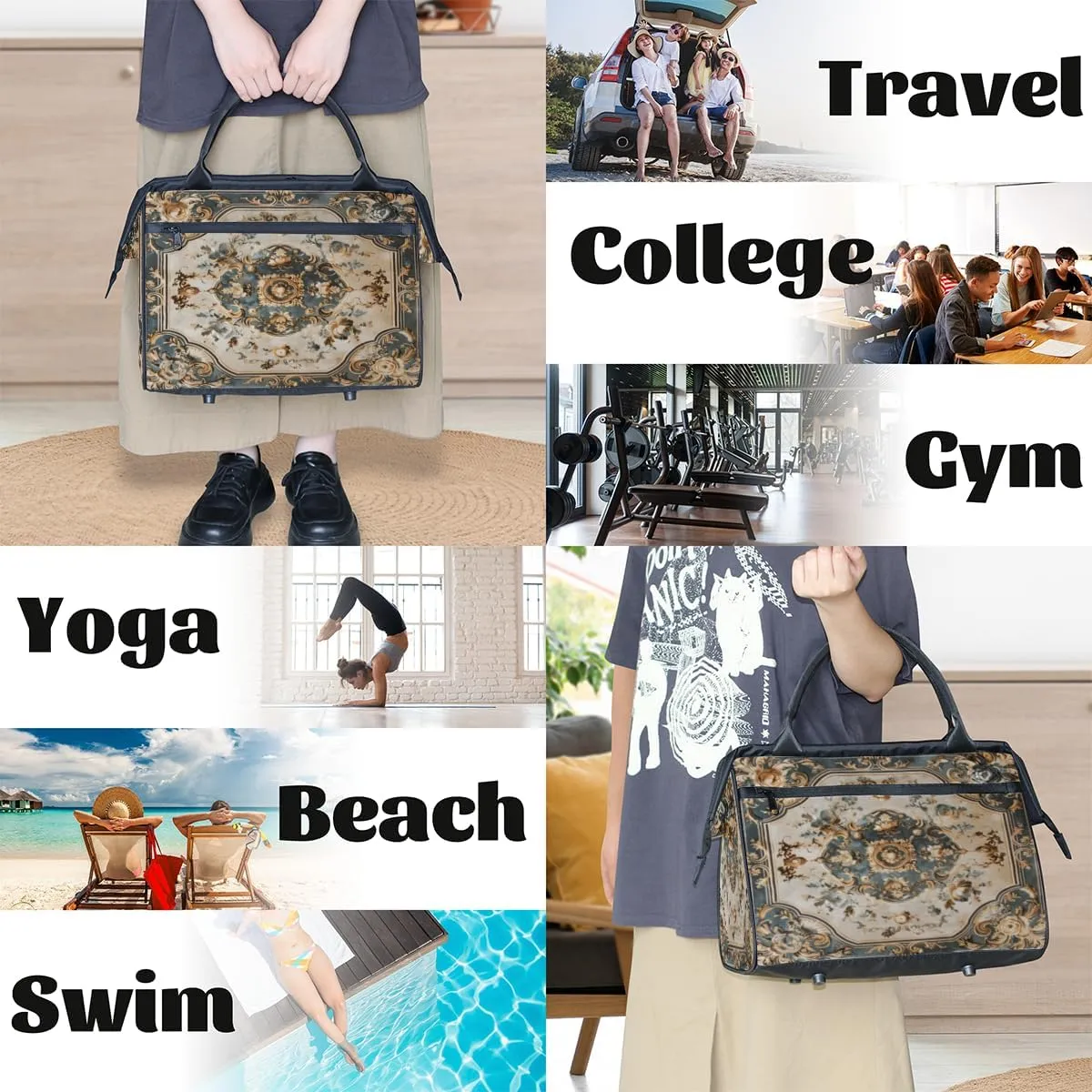 Duffel Bags Gym Bag for Women Men, Travel Duffel Bag with Trolley Sleeve, Waterproof Sports Gym Bag Weekender Overnight Bag Carry On Tote Bag for Gym Travel Sport, Tile Flowers Ornament Pattern
