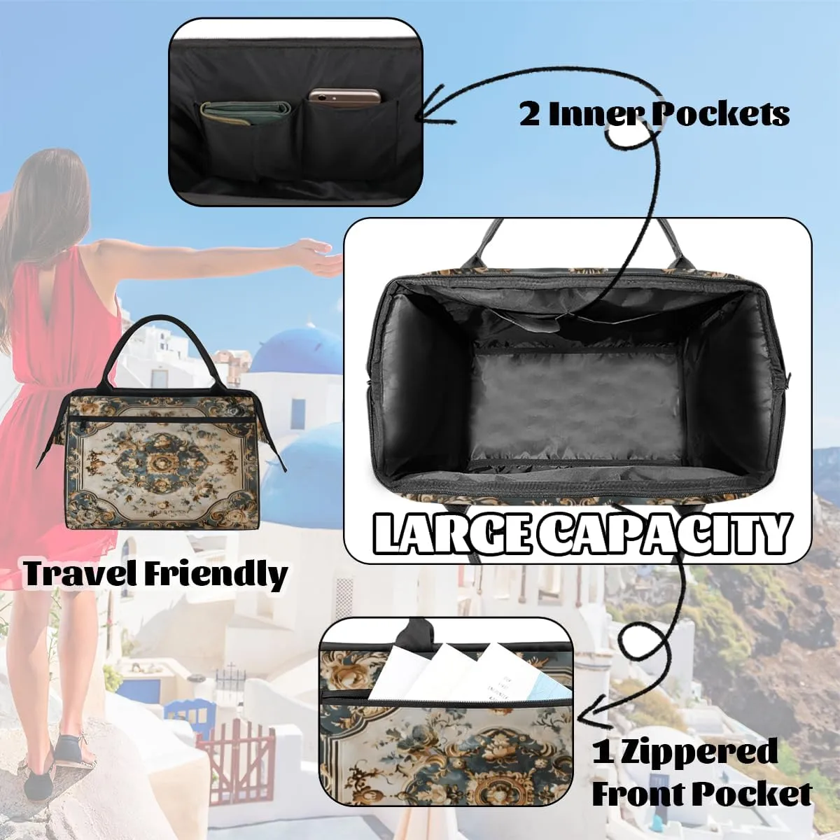 Duffel Bags Gym Bag for Women Men, Travel Duffel Bag with Trolley Sleeve, Waterproof Sports Gym Bag Weekender Overnight Bag Carry On Tote Bag for Gym Travel Sport, Tile Flowers Ornament Pattern