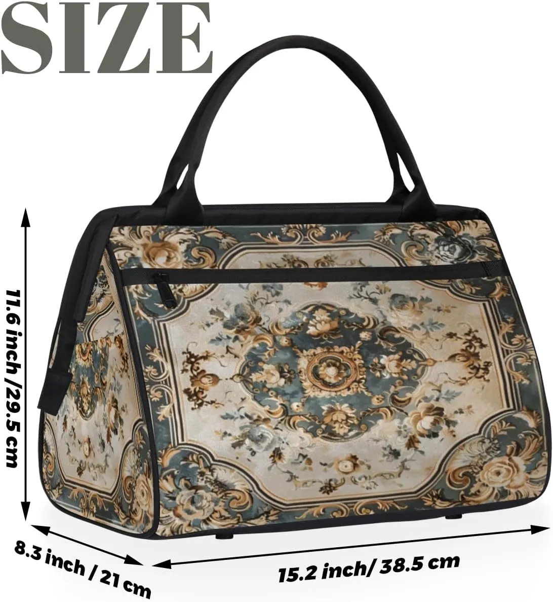 Duffel Bags Gym Bag for Women Men, Travel Duffel Bag with Trolley Sleeve, Waterproof Sports Gym Bag Weekender Overnight Bag Carry On Tote Bag for Gym Travel Sport, Tile Flowers Ornament Pattern