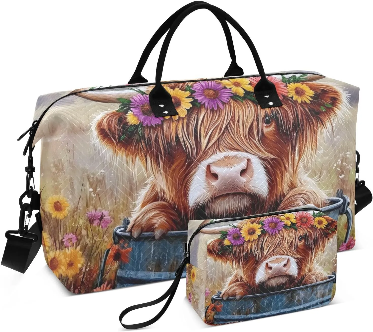 Duffle Bag Bucket Highland Cow Garland for Travel, Gym Bag with Multiple Interior Pockets for Men Women Overnight Purse Included 20.5 x 1.9 x 13.8 In