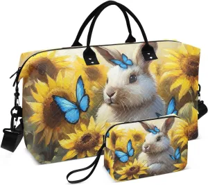 Duffle Bag Hare Sunflower Cute for Travel, Gym Bag with Multiple Interior Pockets for Men Women Overnight Purse Included 20.5 x 1.9 x 13.8 In