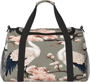 Duffle Bag Japanese Cranes Cherry Blossom Travel Duffel Bags for Men Women with Adjustable Strap Carry on Gym Bag Overnight Weekender Bag