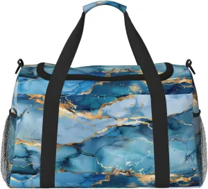 Duffle Bag Teal Blue Liquid Golden Marble Travel Duffel Bags for Men Women with Adjustable Strap Carry on Gym Bag Overnight Weekender Bag