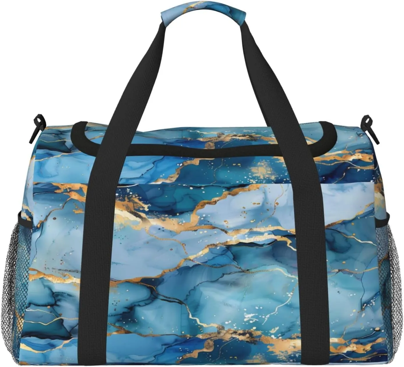 Duffle Bag Teal Blue Liquid Golden Marble Travel Duffel Bags for Men Women with Adjustable Strap Carry on Gym Bag Overnight Weekender Bag