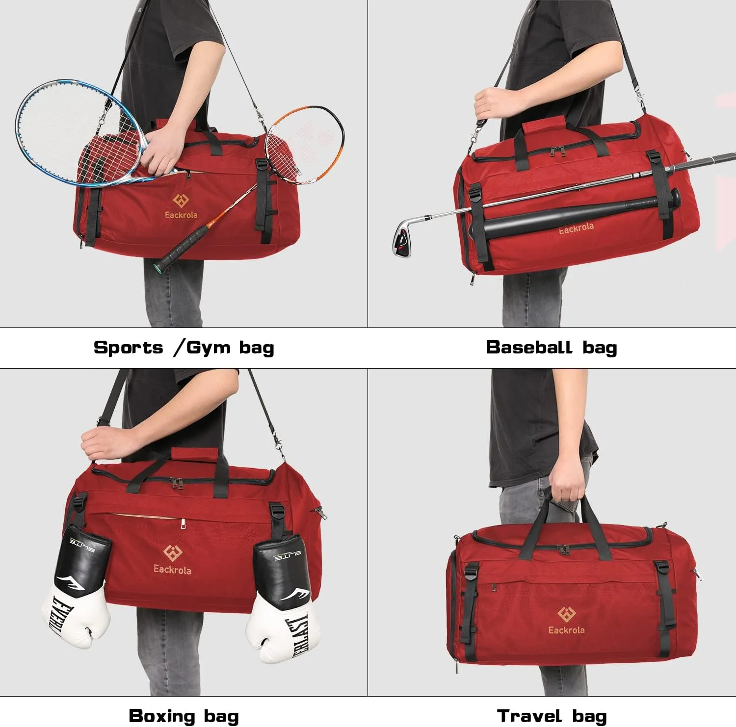 Eackrola Large Sports Gym Bag, Travel Duffel bag with Wet Pocket & Shoes Compartment for men women, 65L, Lightweight