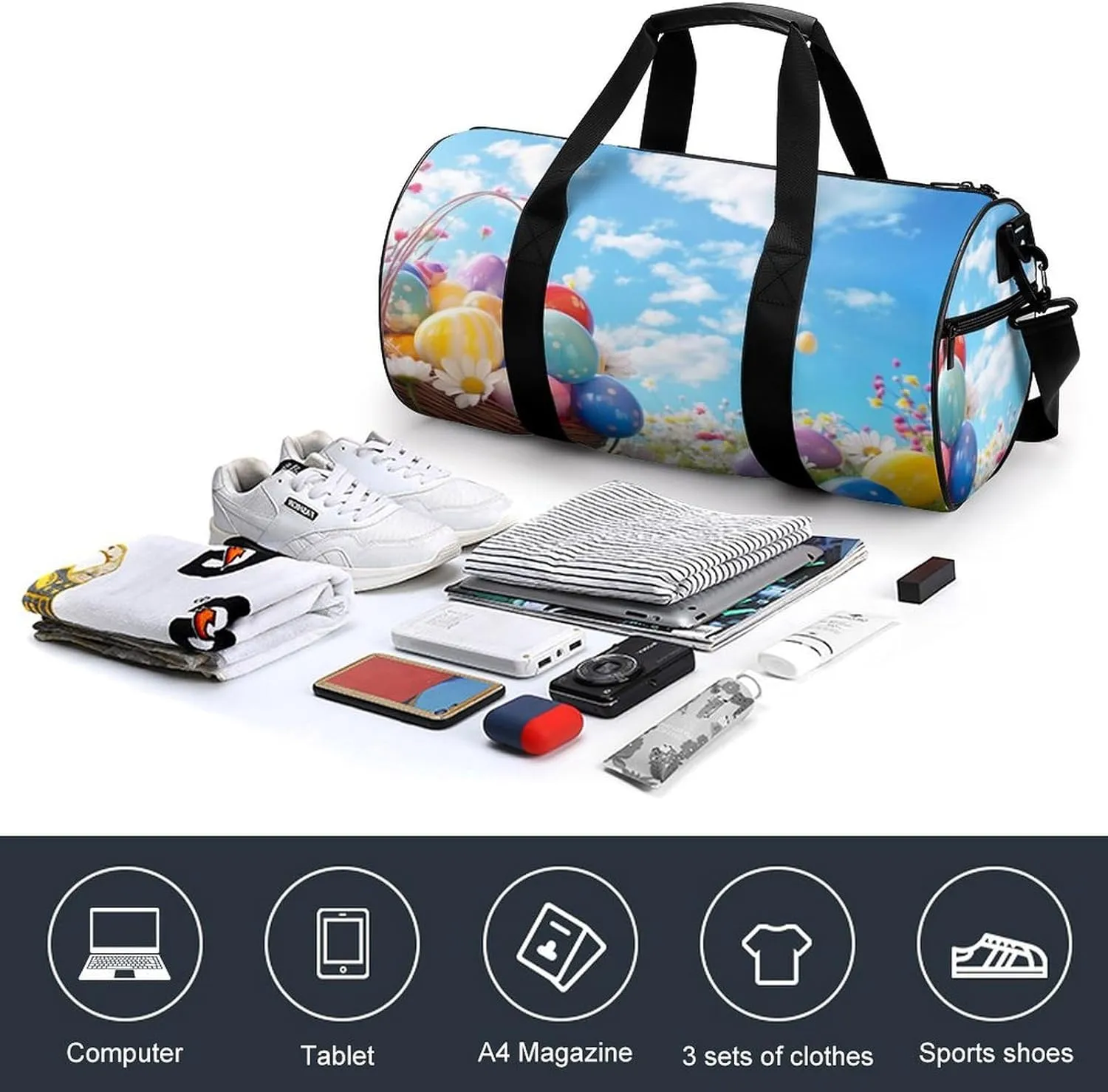 Easter Eggs Sky Flower Gym Bag Small Travel Duffle Bag with Compartment Carry On Weekender Bag for Women Men