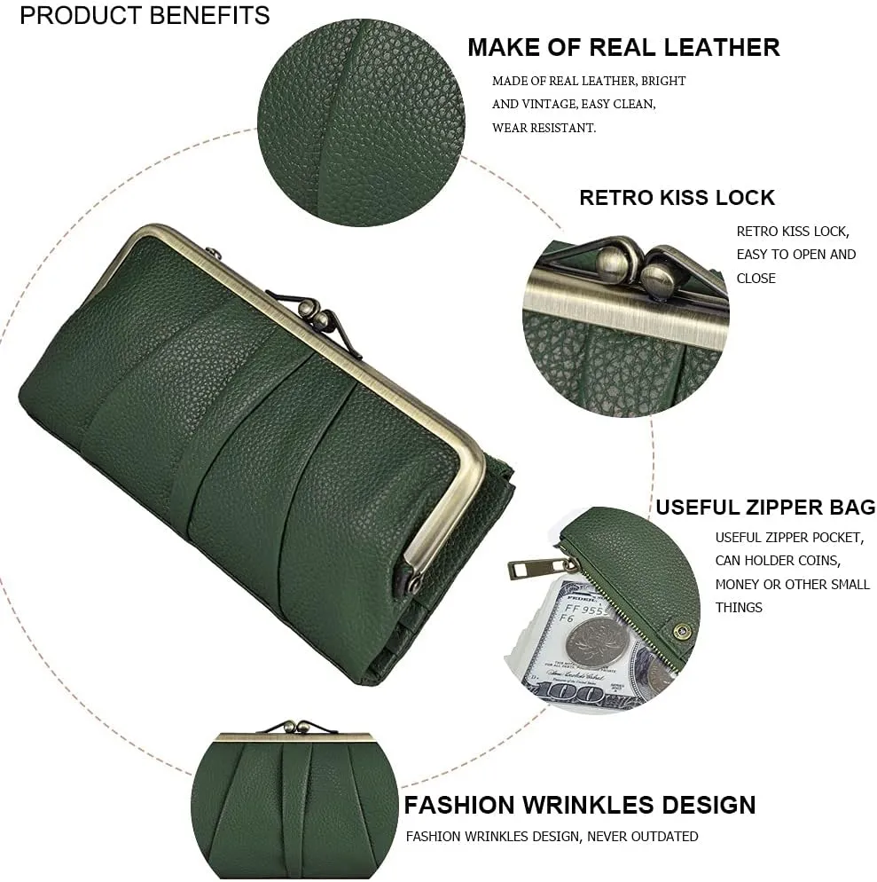EASTNIGHTS Soft Leather Wallets for Women Compact Bifold RFID Clutch Wallet Ladies Coin Purse with Zipper and Kiss Lock