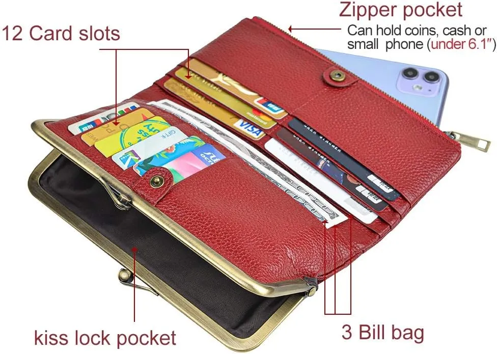 EASTNIGHTS Soft Leather Wallets for Women Compact Bifold RFID Clutch Wallet Ladies Coin Purse with Zipper and Kiss Lock