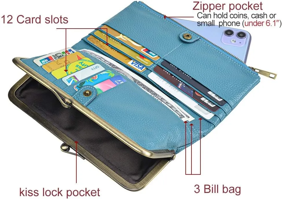 EASTNIGHTS Soft Leather Wallets for Women Compact Bifold RFID Clutch Wallet Ladies Coin Purse with Zipper and Kiss Lock