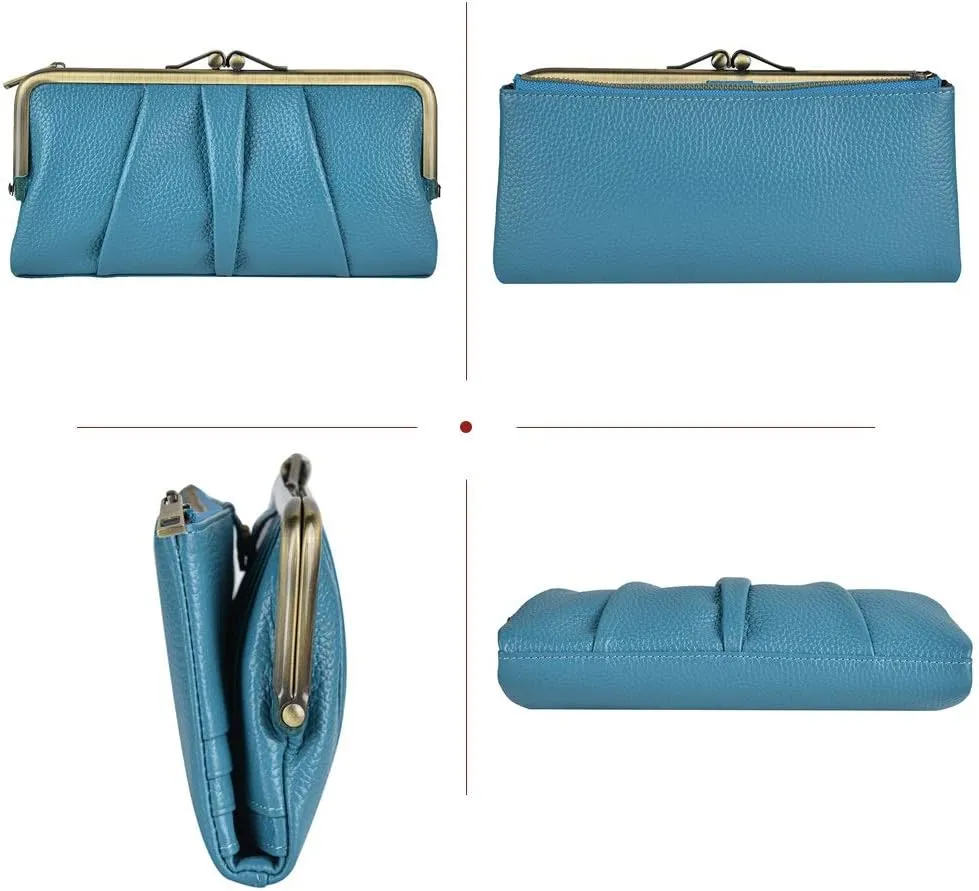 EASTNIGHTS Soft Leather Wallets for Women Compact Bifold RFID Clutch Wallet Ladies Coin Purse with Zipper and Kiss Lock