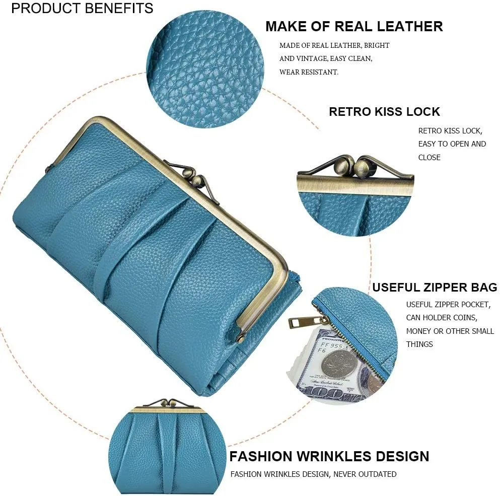 EASTNIGHTS Soft Leather Wallets for Women Compact Bifold RFID Clutch Wallet Ladies Coin Purse with Zipper and Kiss Lock