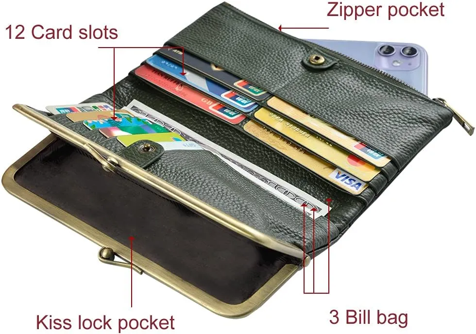 EASTNIGHTS Soft Leather Wallets for Women Compact Bifold RFID Clutch Wallet Ladies Coin Purse with Zipper and Kiss Lock