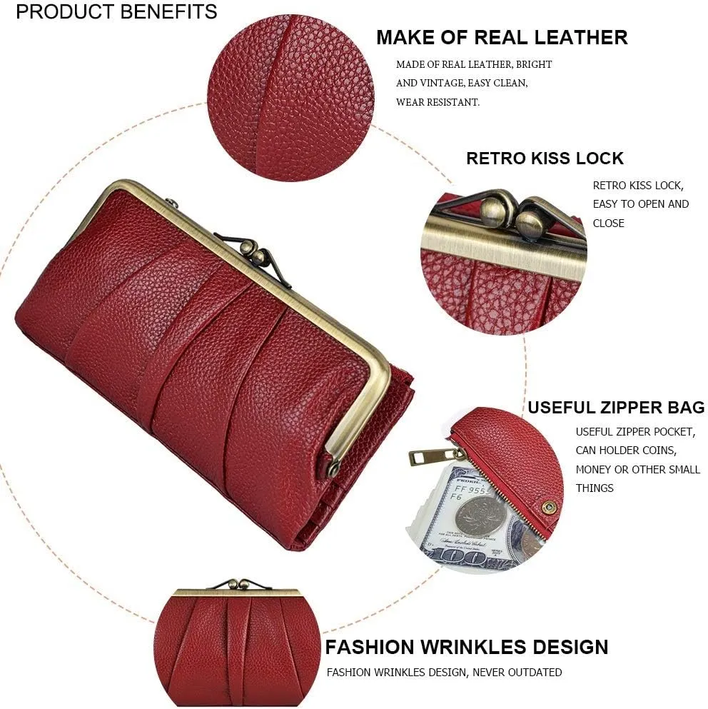EASTNIGHTS Soft Leather Wallets for Women Compact Bifold RFID Clutch Wallet Ladies Coin Purse with Zipper and Kiss Lock