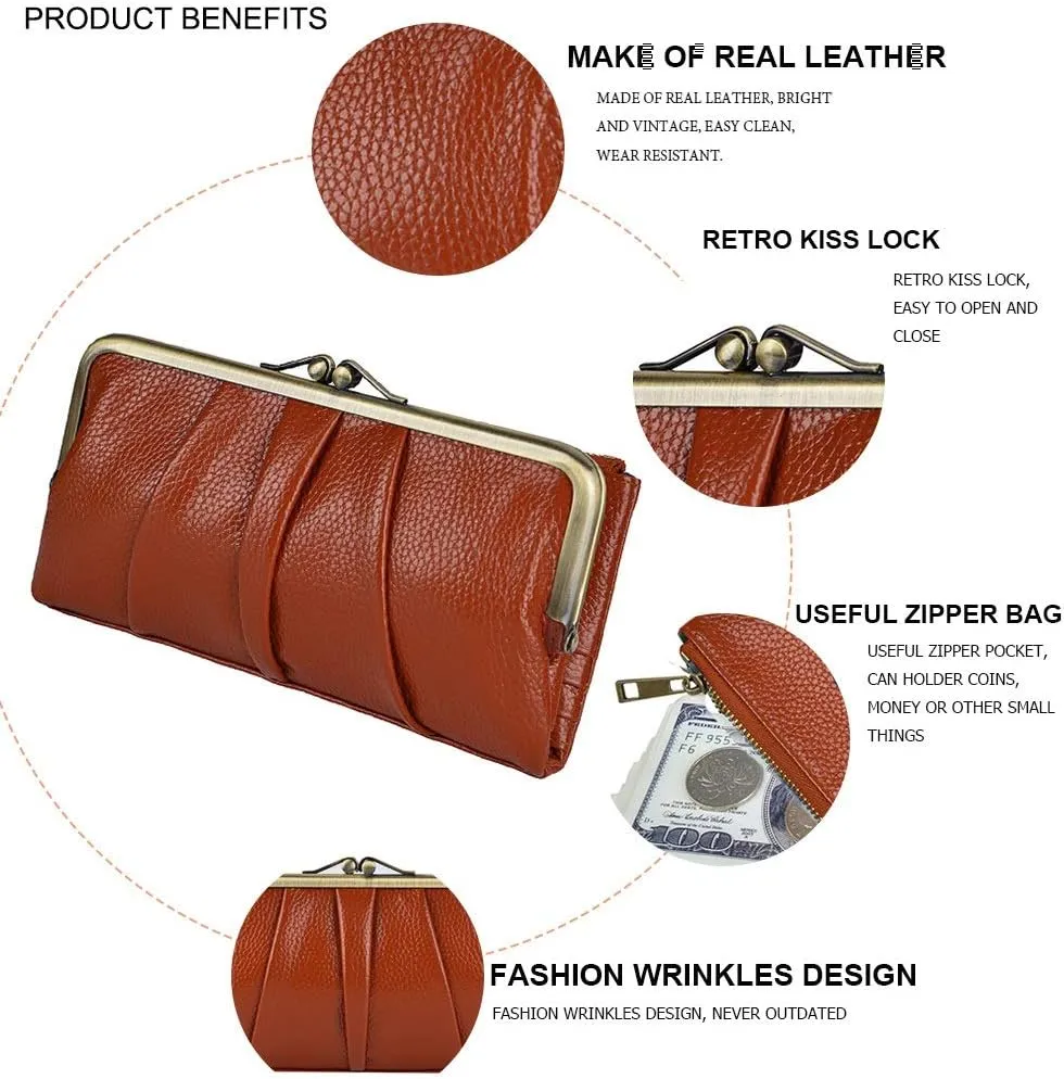 EASTNIGHTS Soft Leather Wallets for Women Compact Bifold RFID Clutch Wallet Ladies Coin Purse with Zipper and Kiss Lock