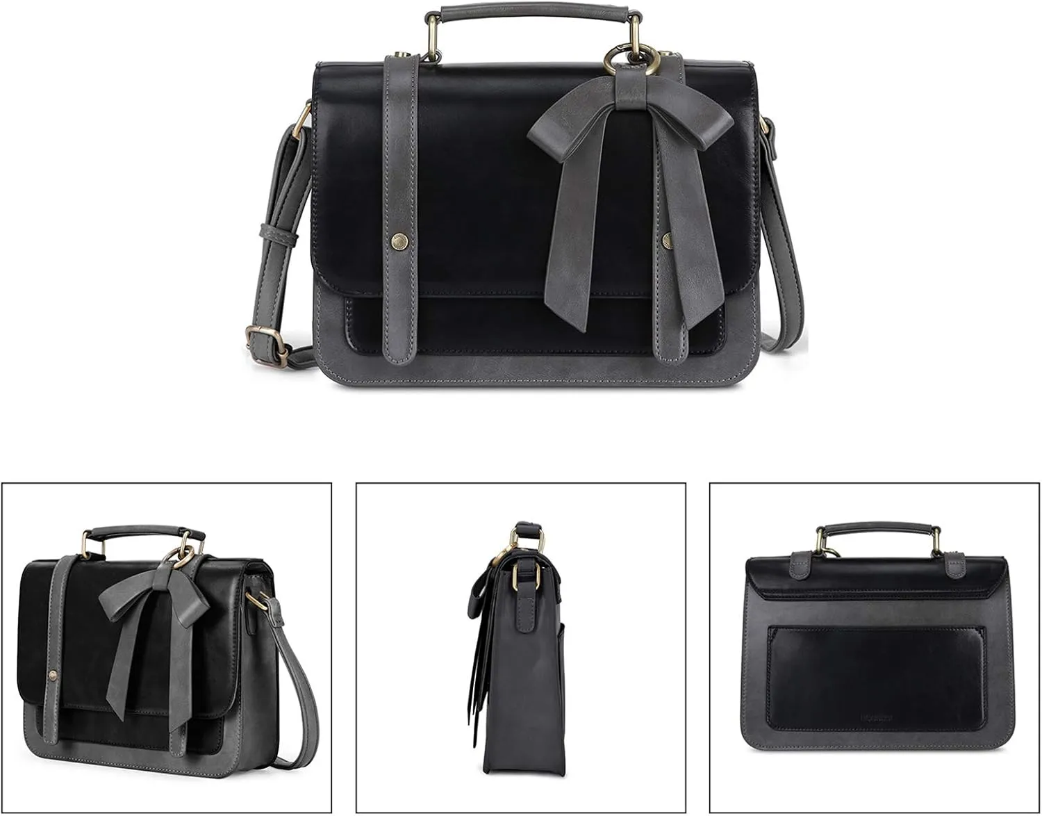 ECOSUSI Small Crossbody Bags Vintage Satchel Work Bag Vegan Leather Shoulder Bag with Detachable Bow