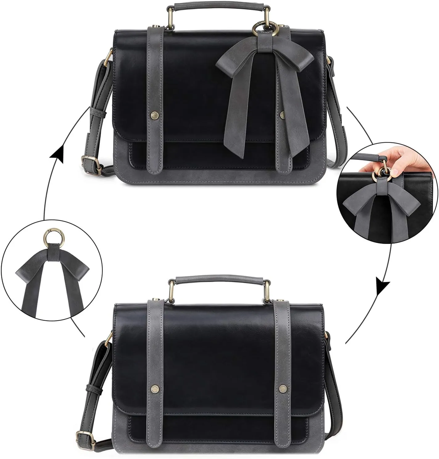 ECOSUSI Small Crossbody Bags Vintage Satchel Work Bag Vegan Leather Shoulder Bag with Detachable Bow