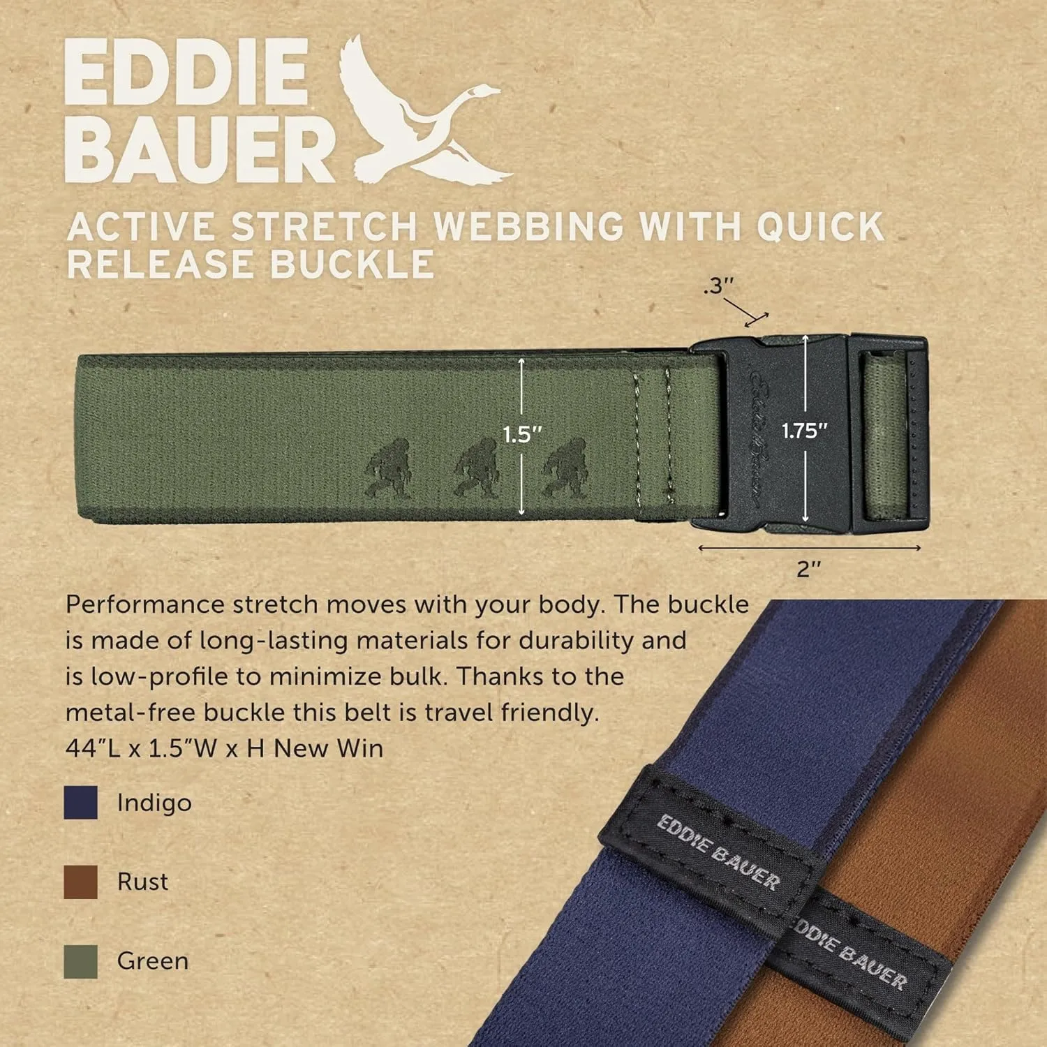 Eddie Bauer Men's Active Stretch Webbing Belts with Quick Release Buckle, Multiple Colors, One Size Fits Most