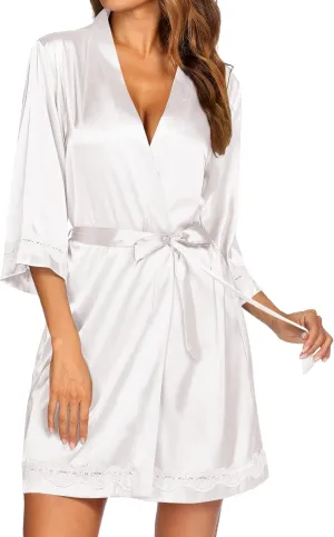 Ekouaer Women's Lace-Trim Silk Robes Bride Bridesmaid Kimono Satin Bathrobe V Neck Sleepwear with 3/4 Sleeve