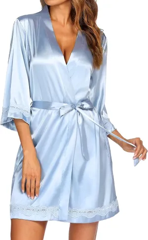 Ekouaer Women's Lace-Trim Silk Robes Bride Bridesmaid Kimono Satin Bathrobe V Neck Sleepwear with 3/4 Sleeve