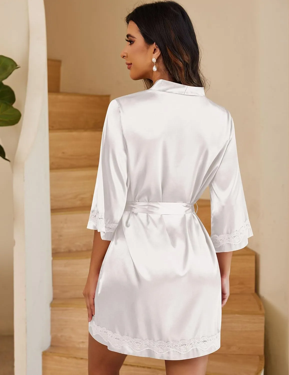 Ekouaer Women's Lace-Trim Silk Robes Bride Bridesmaid Kimono Satin Bathrobe V Neck Sleepwear with 3/4 Sleeve