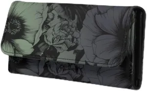 Elegant Peony Womens Wallets Leather Clutch, Blackish Green Gradient Flowers Credit Card Holder with Coin Purse ID Window Pen Sketch Rose Long Wallet for Women