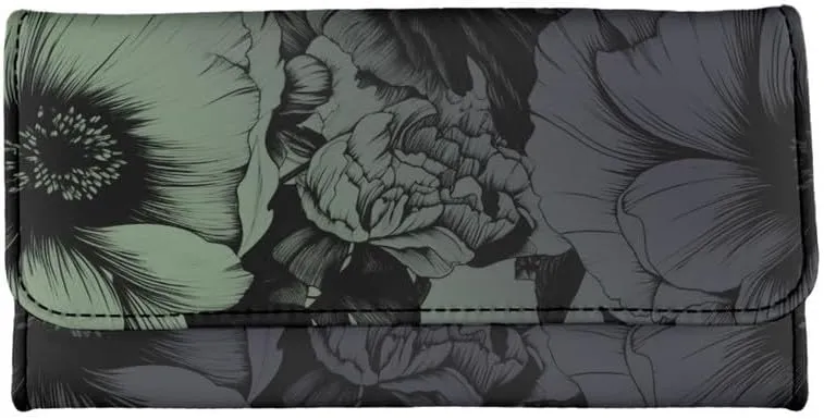 Elegant Peony Womens Wallets Leather Clutch, Blackish Green Gradient Flowers Credit Card Holder with Coin Purse ID Window Pen Sketch Rose Long Wallet for Women