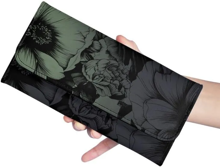 Elegant Peony Womens Wallets Leather Clutch, Blackish Green Gradient Flowers Credit Card Holder with Coin Purse ID Window Pen Sketch Rose Long Wallet for Women