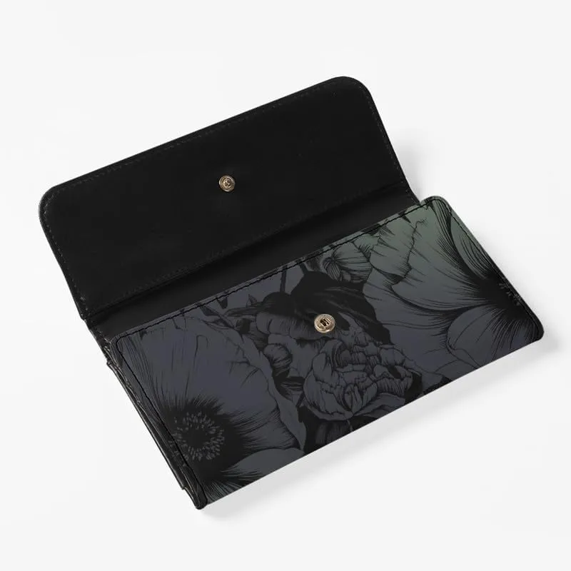 Elegant Peony Womens Wallets Leather Clutch, Blackish Green Gradient Flowers Credit Card Holder with Coin Purse ID Window Pen Sketch Rose Long Wallet for Women