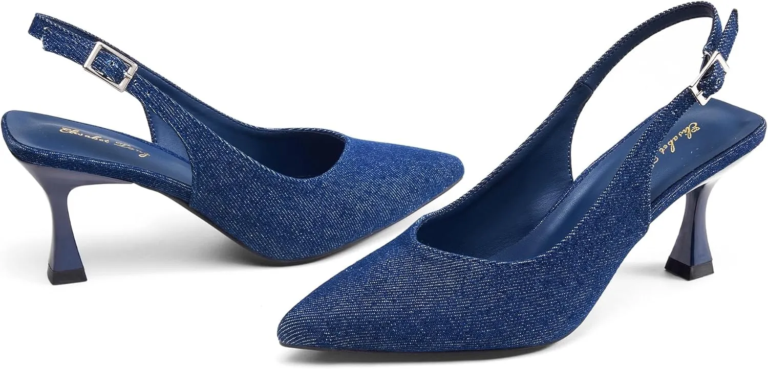 Elisabet Tang Women's Kitten Heel Slingback Low Pumps 3 Inches Stiletto Pointed Closed Toe Elegant Dressy Bridal Wedding Party Shoes