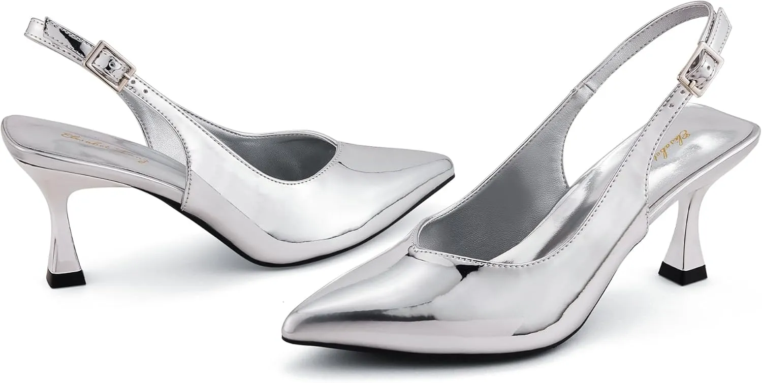 Elisabet Tang Women's Kitten Heel Slingback Low Pumps 3 Inches Stiletto Pointed Closed Toe Elegant Dressy Bridal Wedding Party Shoes