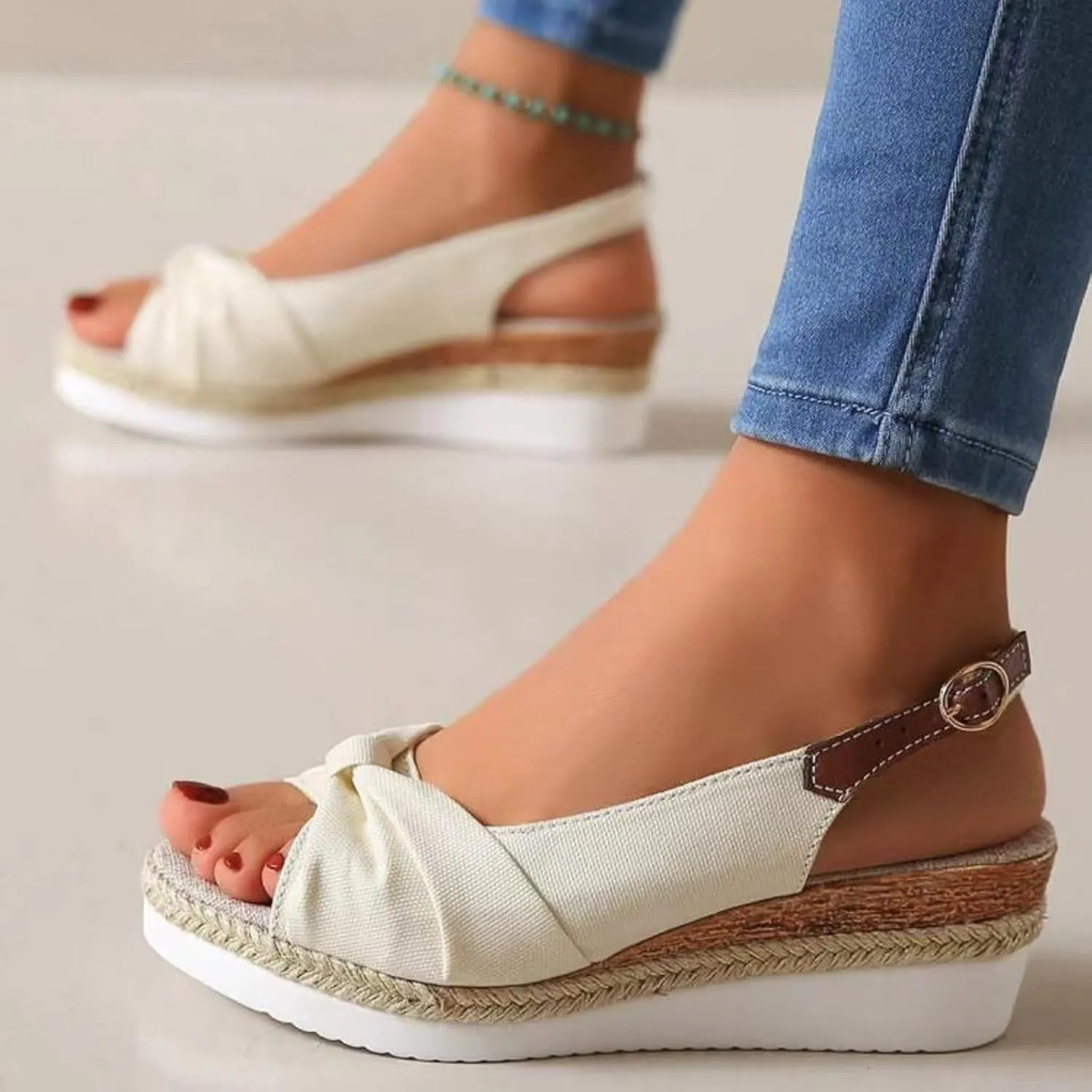 Espadrille Wedge Sandals for Women Ankle Strap Slingback Wedge Heels Peep Toe Bow Knot Platform Slip On Beach Shoes