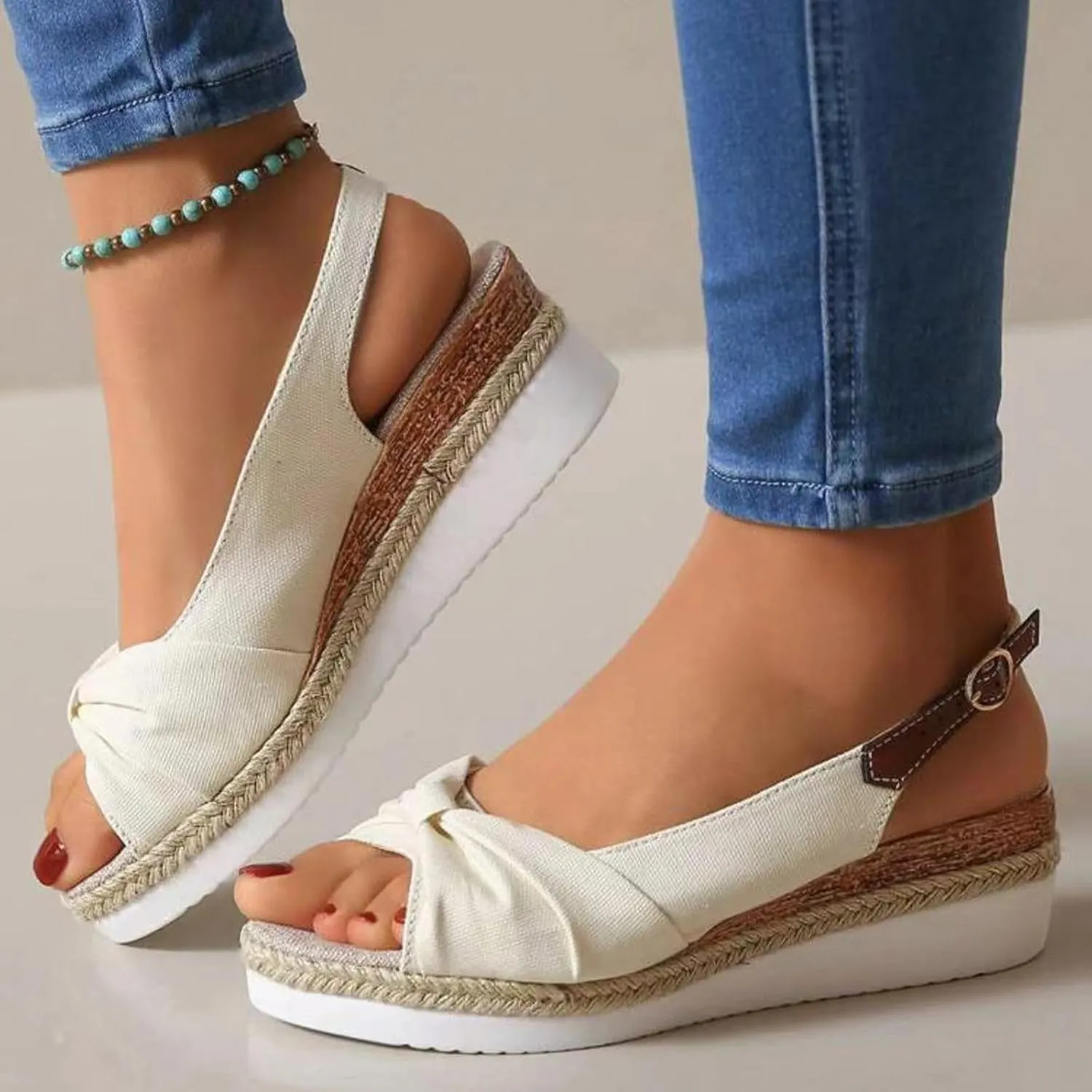 Espadrille Wedge Sandals for Women Ankle Strap Slingback Wedge Heels Peep Toe Bow Knot Platform Slip On Beach Shoes