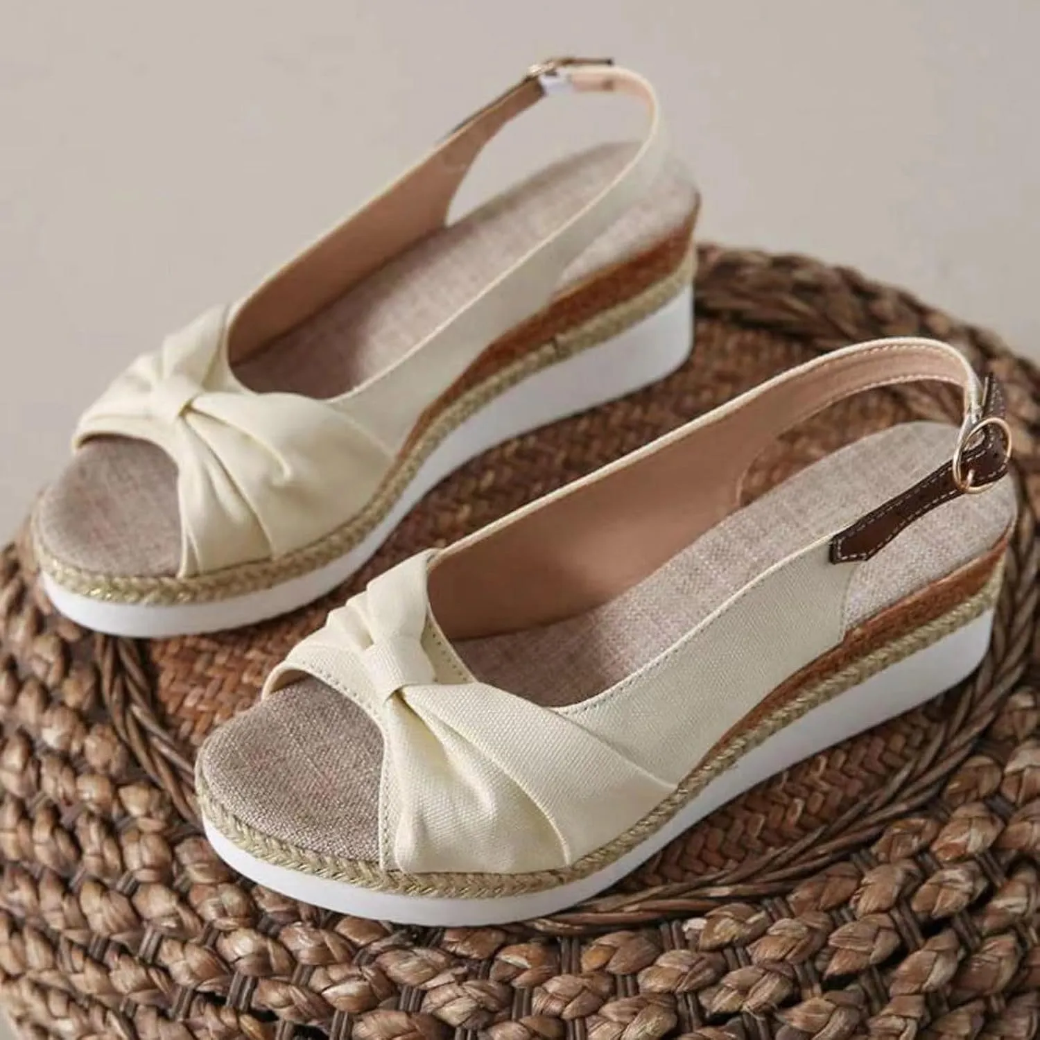 Espadrille Wedge Sandals for Women Ankle Strap Slingback Wedge Heels Peep Toe Bow Knot Platform Slip On Beach Shoes