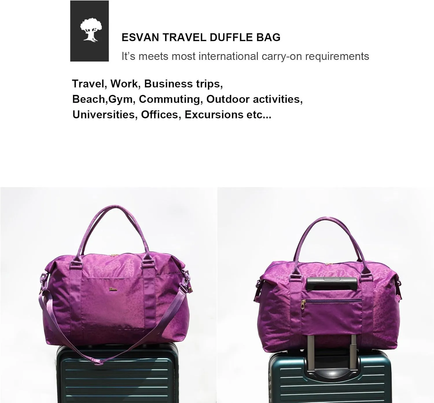 ESVAN Travel Tote Duffel Gym Bag,Weekender Overnight Carry-on Tote Crossbody Bag with Wet Pocket and Trolley Sleeve Upgraded