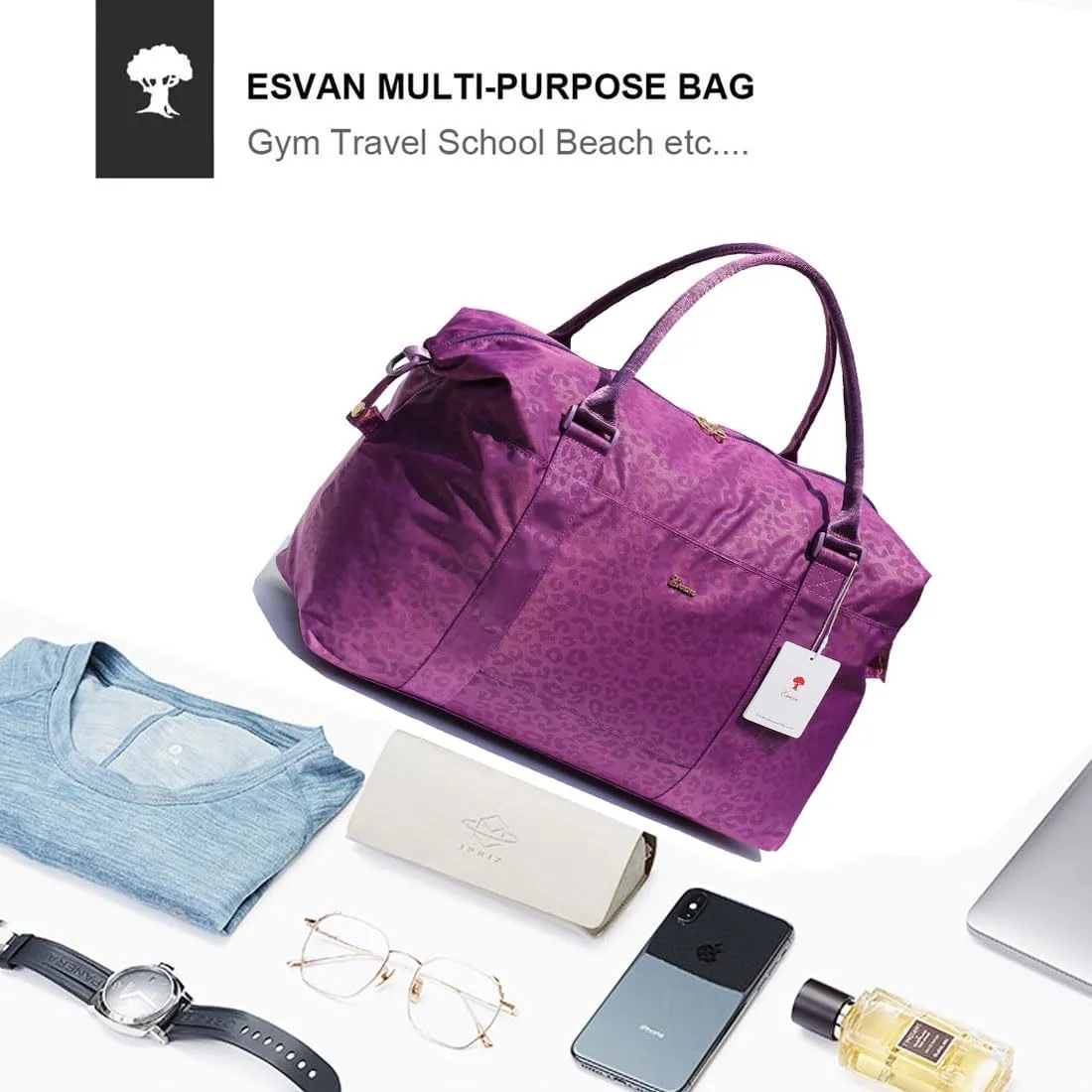 ESVAN Travel Tote Duffel Gym Bag,Weekender Overnight Carry-on Tote Crossbody Bag with Wet Pocket and Trolley Sleeve Upgraded