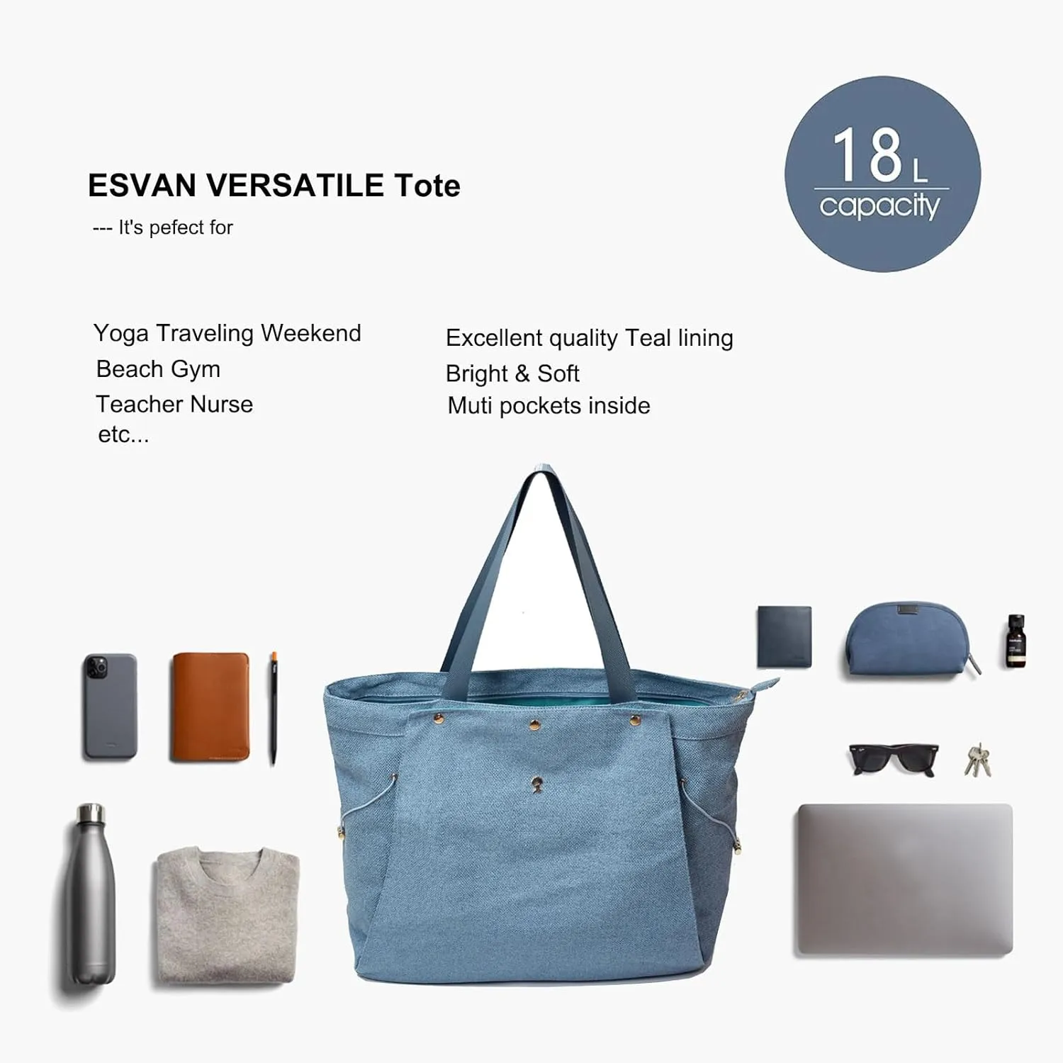 ESVAN Yoga Mat Bag, Gym Bag Tote Bag with Multi Pockets For Women Drawstring Yoga Mat Carrier Pilates Travel Workout Office