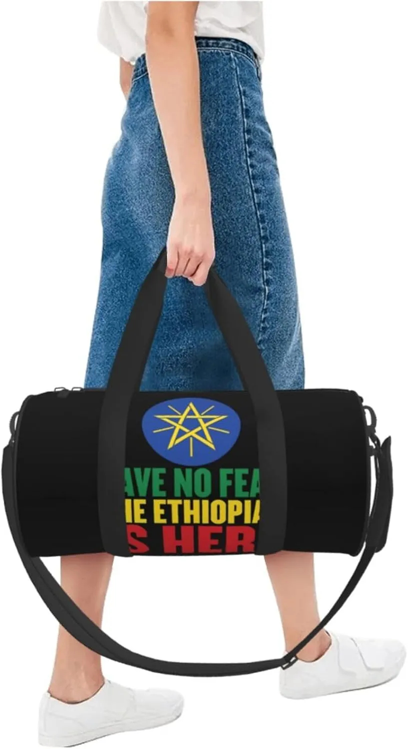 Ethiopia Flag The Ethiopian Is Here Round Travel Duffel Bag Large Capacity Gym Sports Bags for Hiking Vacation Trips