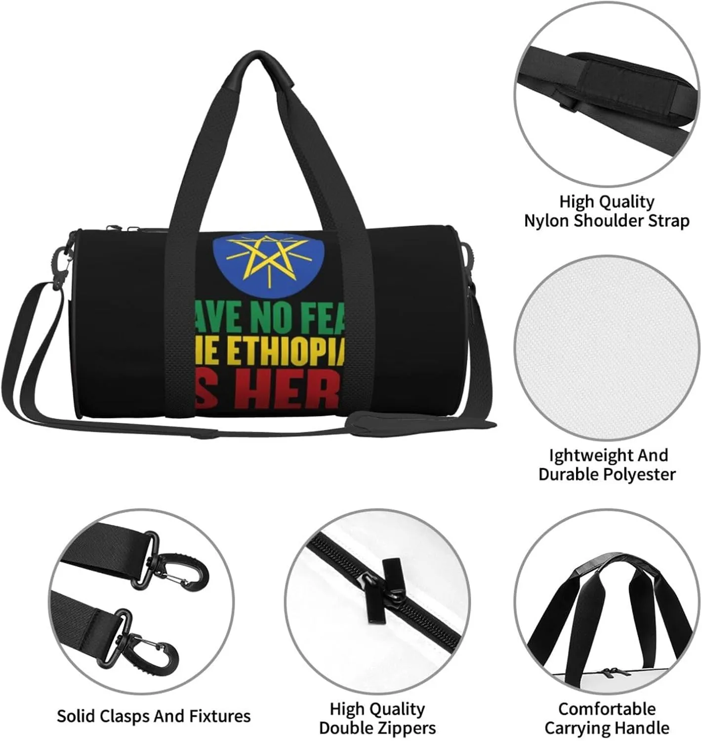 Ethiopia Flag The Ethiopian Is Here Round Travel Duffel Bag Large Capacity Gym Sports Bags for Hiking Vacation Trips