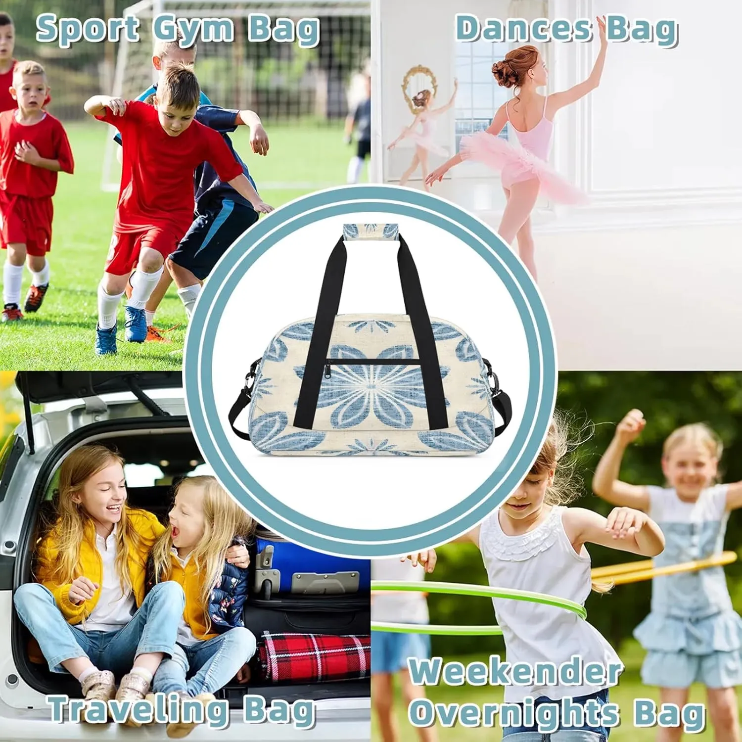 Ethnic Blue Flower Small Gym Bag 18 inch Carry On Duffel Bag for Weekender Travel Sports Workout Yoga Gymnastics Dance Ballet