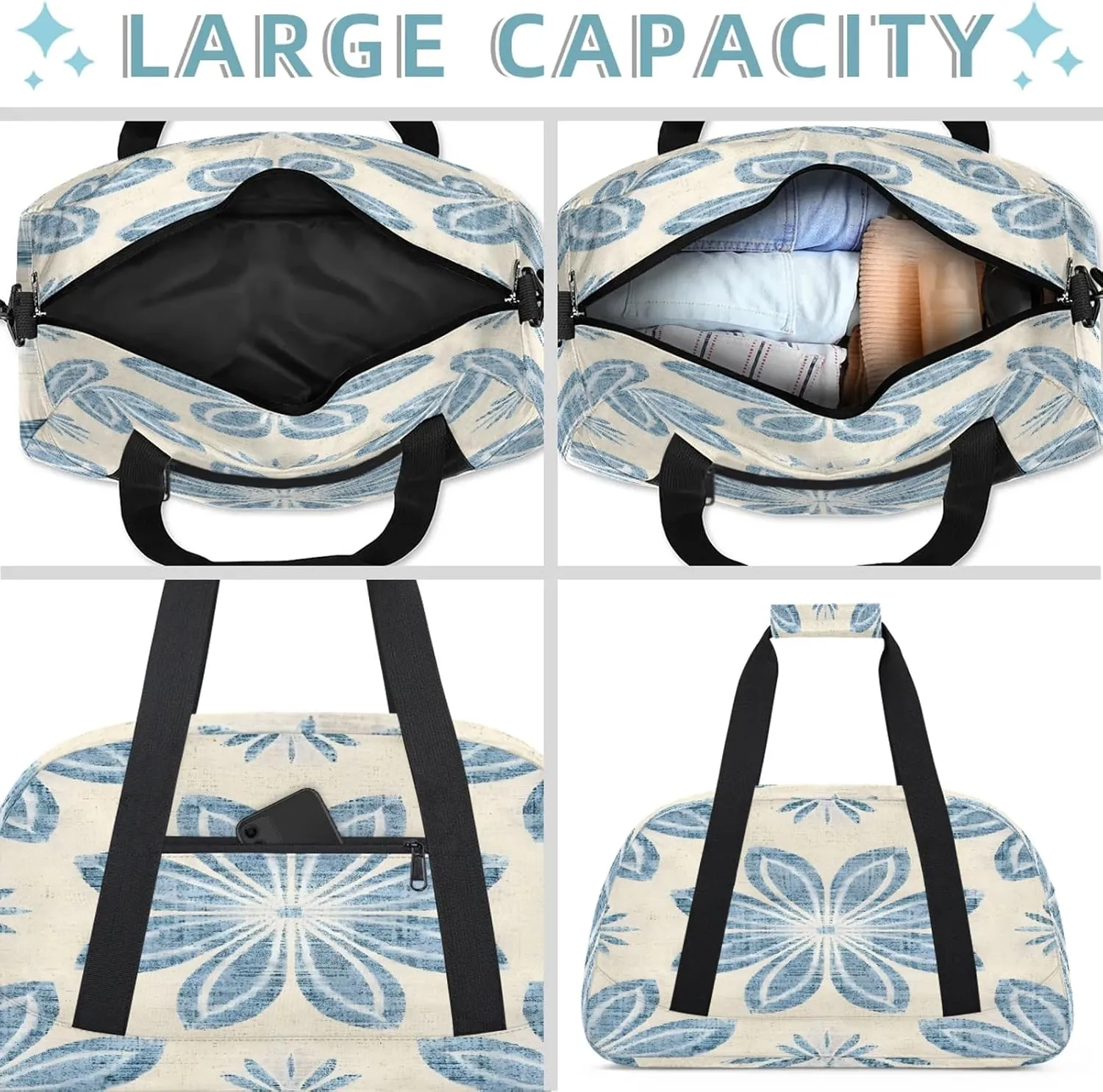 Ethnic Blue Flower Small Gym Bag 18 inch Carry On Duffel Bag for Weekender Travel Sports Workout Yoga Gymnastics Dance Ballet
