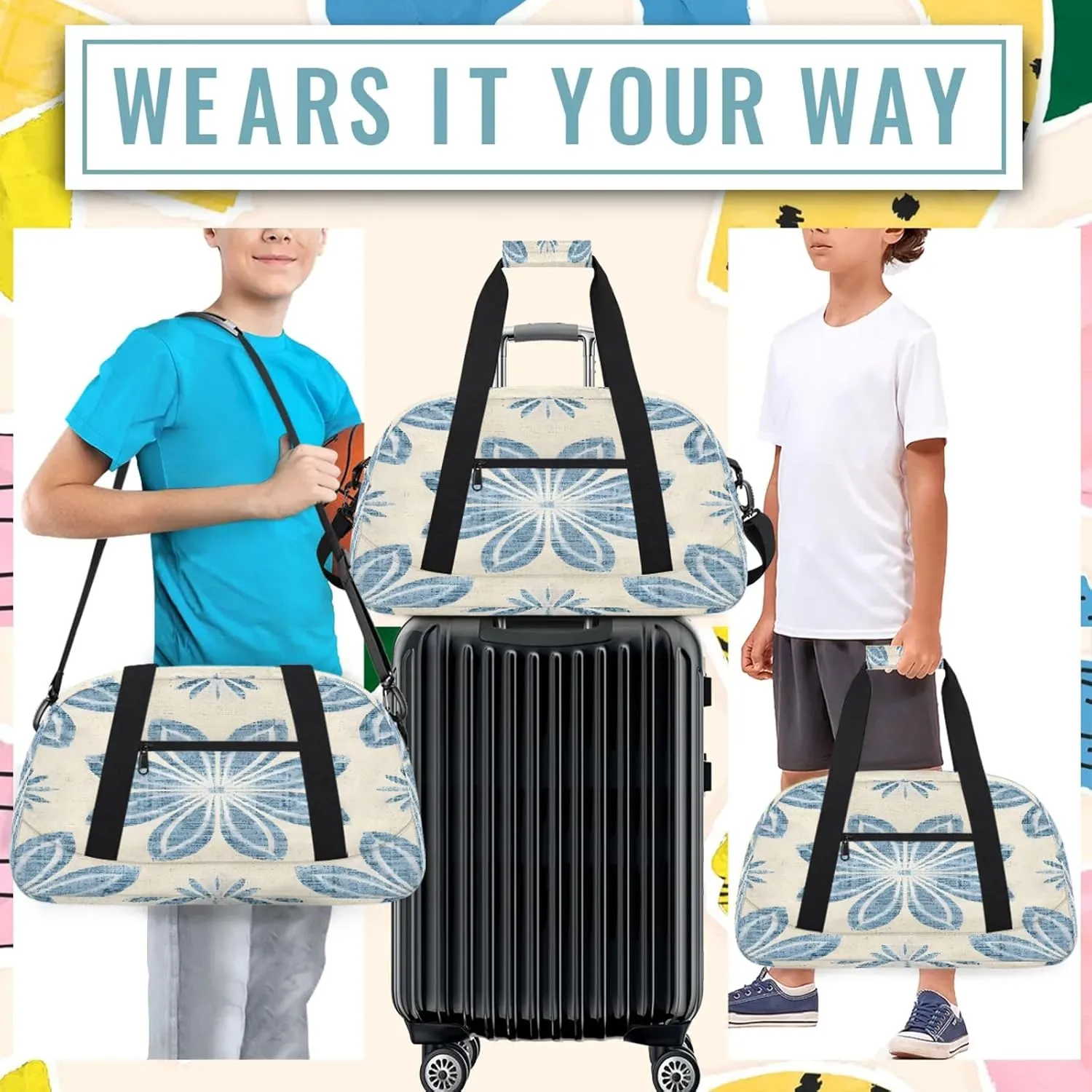 Ethnic Blue Flower Small Gym Bag 18 inch Carry On Duffel Bag for Weekender Travel Sports Workout Yoga Gymnastics Dance Ballet