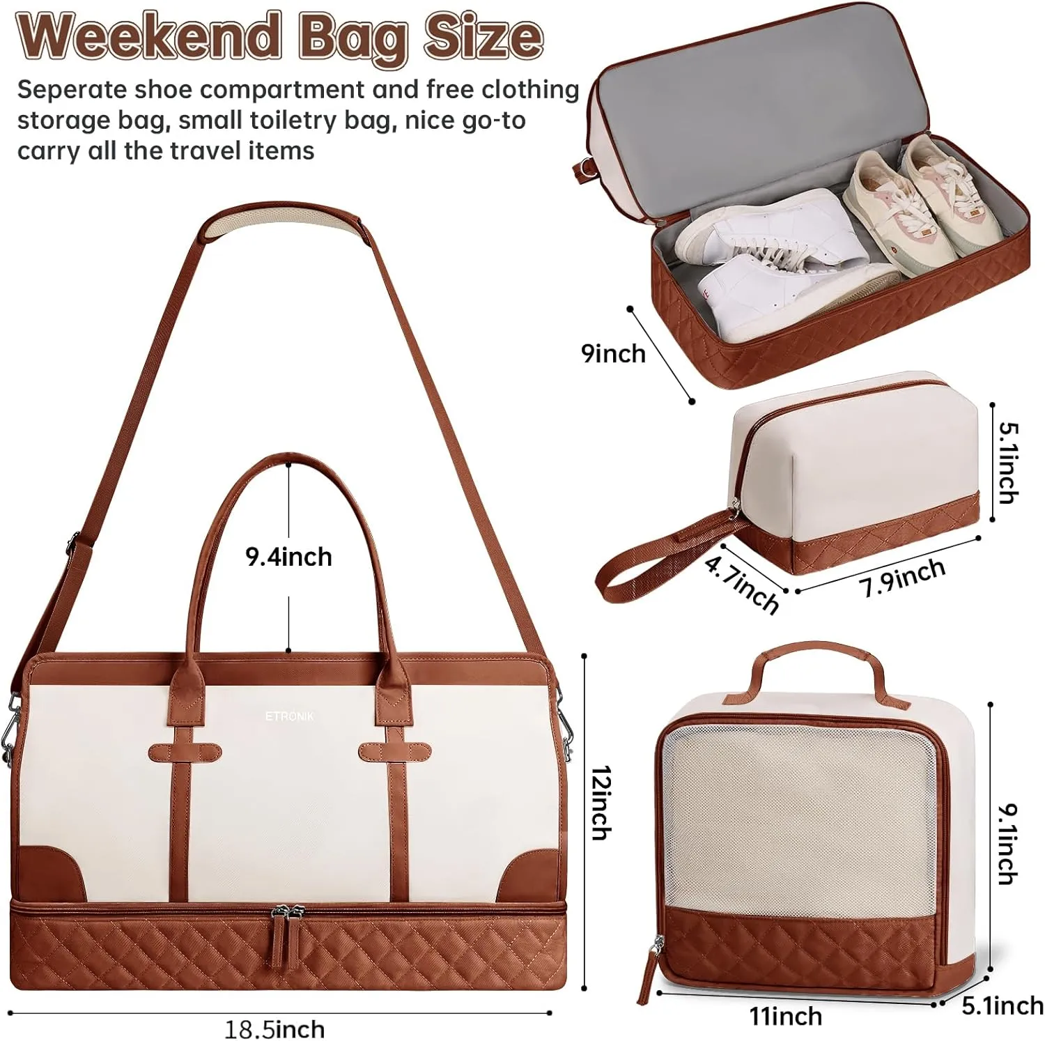 ETRONIK Weekender Overnight Bag for Women, Large Travel Duffle Bag with Shoe Compartment & Wet Pocket, Carry On Tote Bag Gym Duffel Bag with Toiletry Bag, 3 Pcs Set, Large Size, Beige-Brown