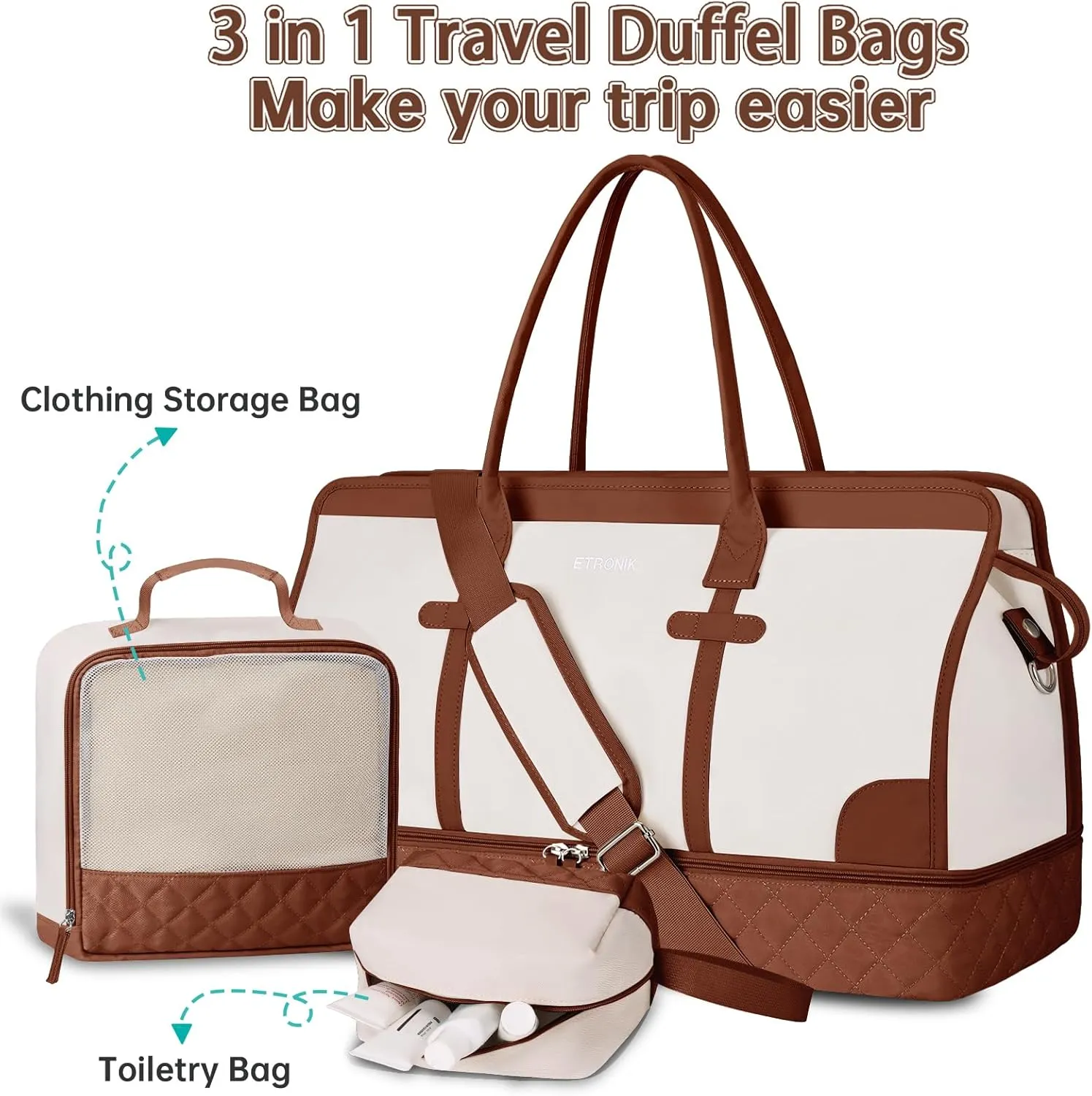 ETRONIK Weekender Overnight Bag for Women, Large Travel Duffle Bag with Shoe Compartment & Wet Pocket, Carry On Tote Bag Gym Duffel Bag with Toiletry Bag, 3 Pcs Set, Large Size, Beige-Brown