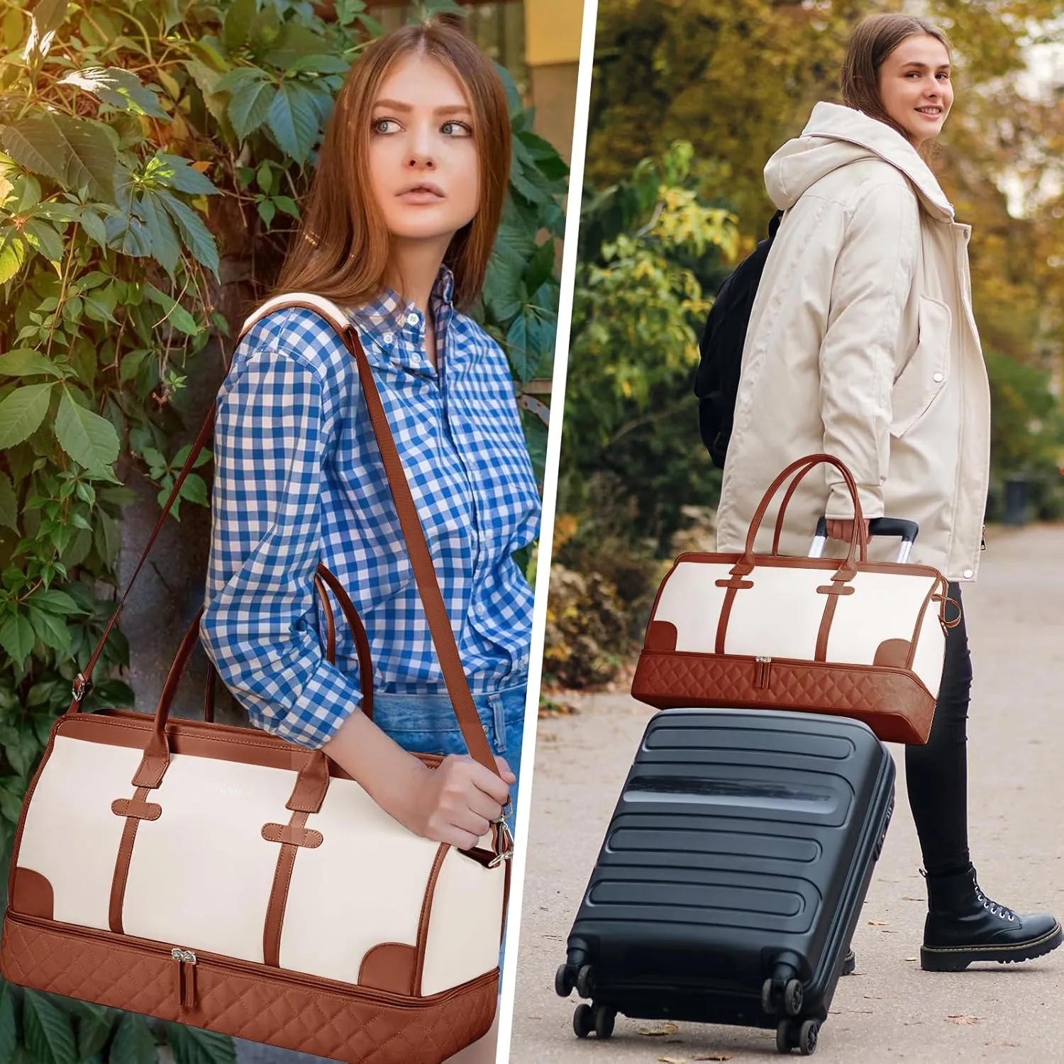 ETRONIK Weekender Overnight Bag for Women, Large Travel Duffle Bag with Shoe Compartment & Wet Pocket, Carry On Tote Bag Gym Duffel Bag with Toiletry Bag, 3 Pcs Set, Large Size, Beige-Brown