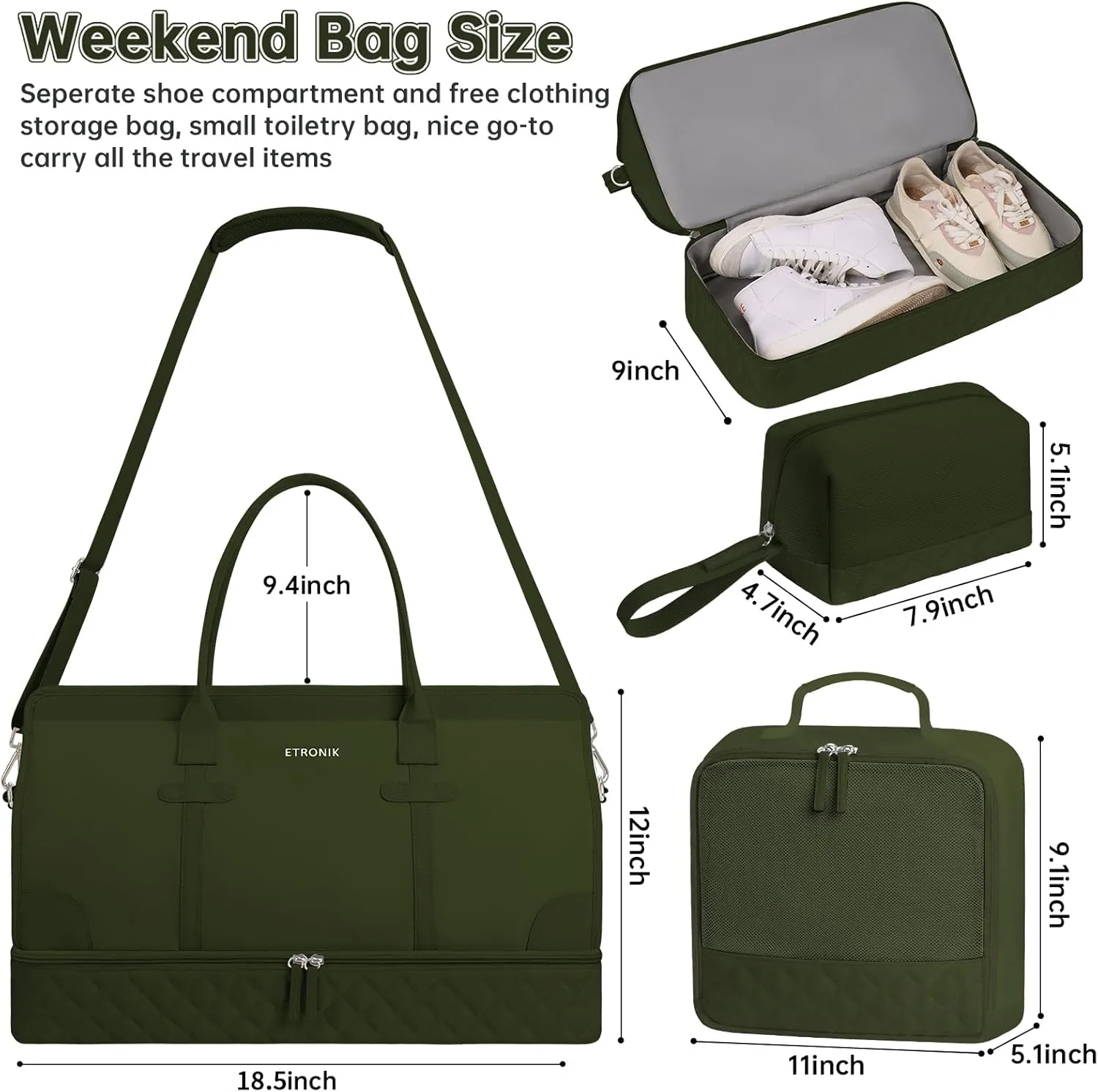 ETRONIK Weekender Overnight Bag for Women, Large Travel Duffle Bag with Shoe Compartment & Wet Pocket, Carry On Tote Bag Gym Duffel Bag with Toiletry Bag, 3 Pcs Set, Large Size, Dark Green