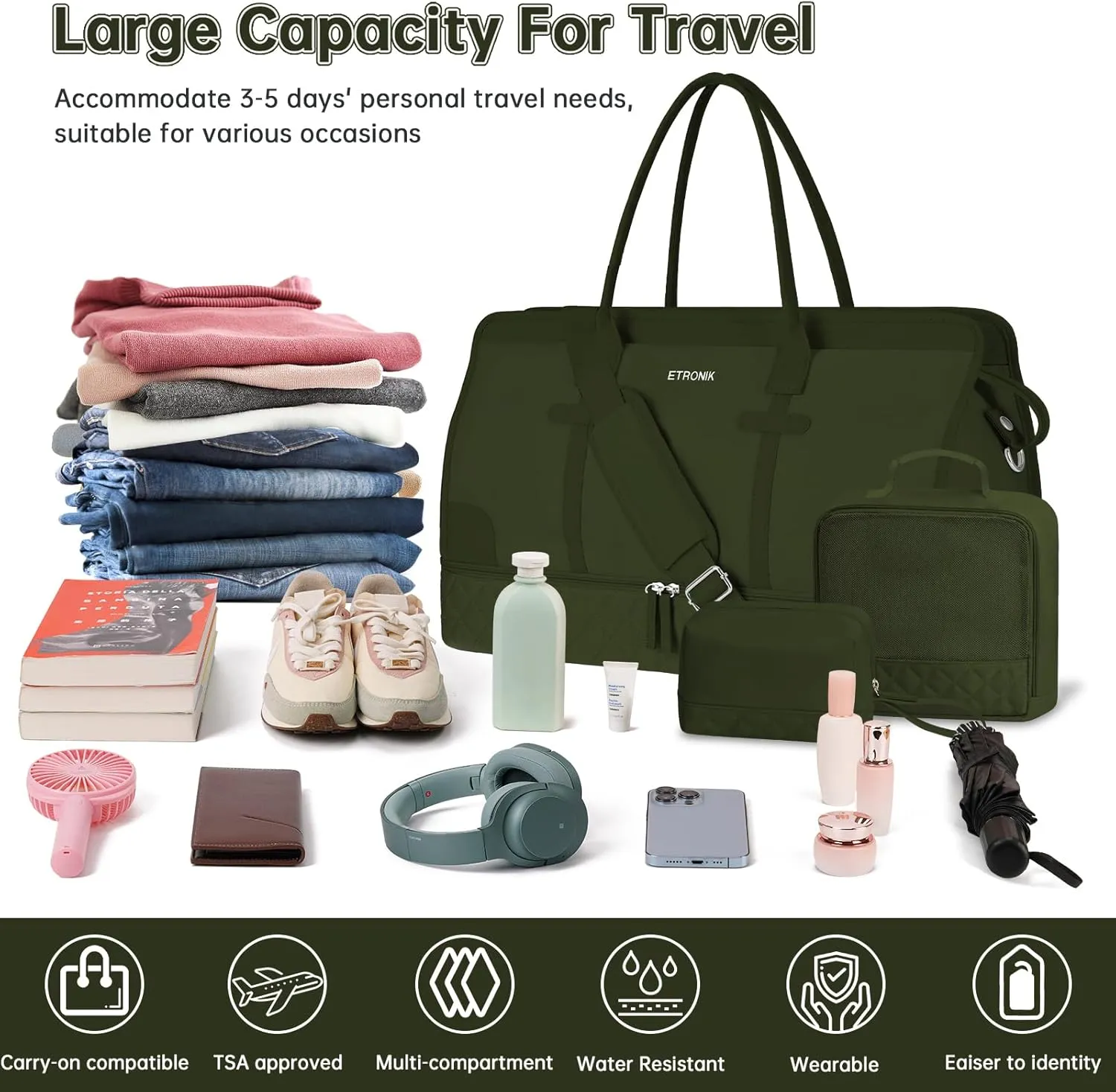 ETRONIK Weekender Overnight Bag for Women, Large Travel Duffle Bag with Shoe Compartment & Wet Pocket, Carry On Tote Bag Gym Duffel Bag with Toiletry Bag, 3 Pcs Set, Large Size, Dark Green
