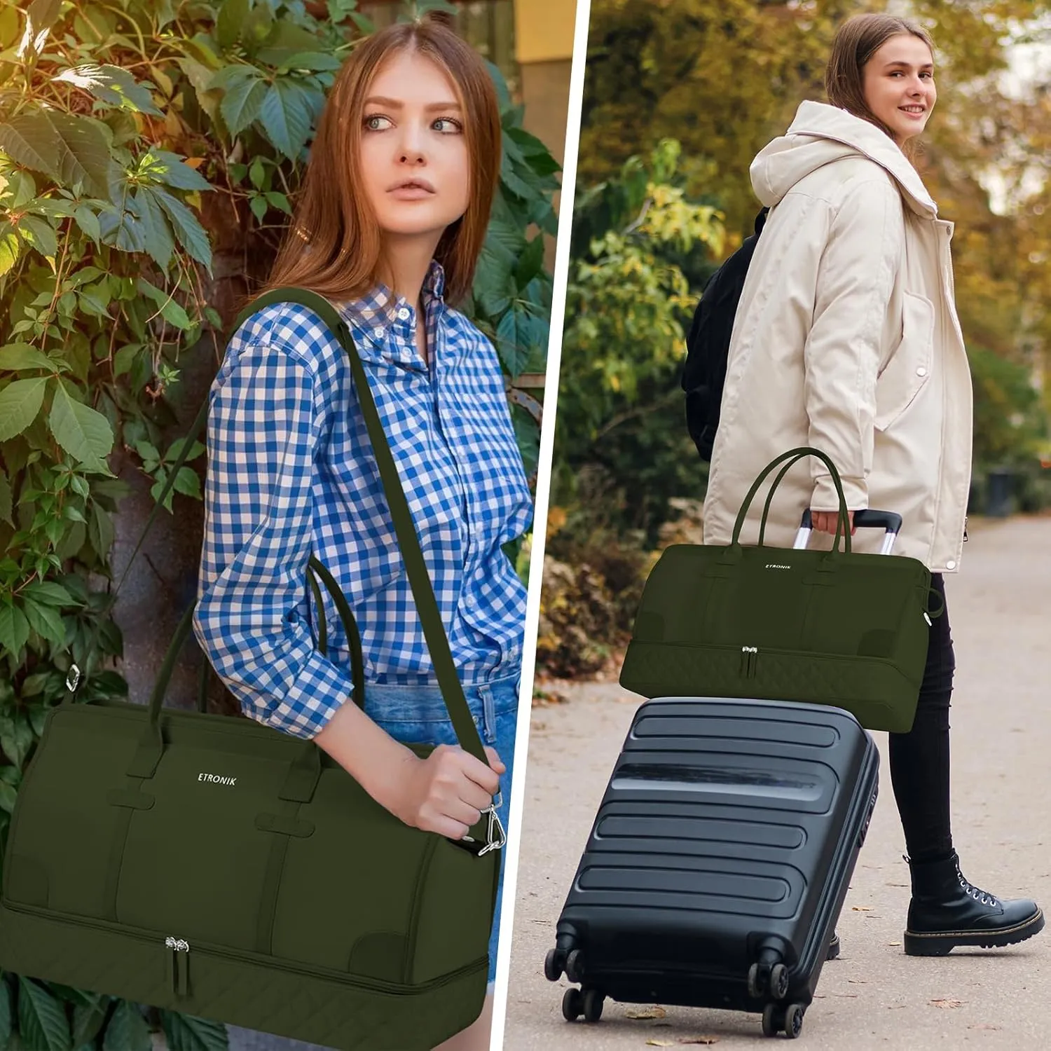 ETRONIK Weekender Overnight Bag for Women, Large Travel Duffle Bag with Shoe Compartment & Wet Pocket, Carry On Tote Bag Gym Duffel Bag with Toiletry Bag, 3 Pcs Set, Large Size, Dark Green