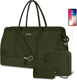 ETRONIK Weekender Overnight Bag for Women, Large Travel Duffle Bag with Shoe Compartment & Wet Pocket, Carry On Tote Bag Gym Duffel Bag with Toiletry Bag, 3 Pcs Set, Large Size, Dark Green