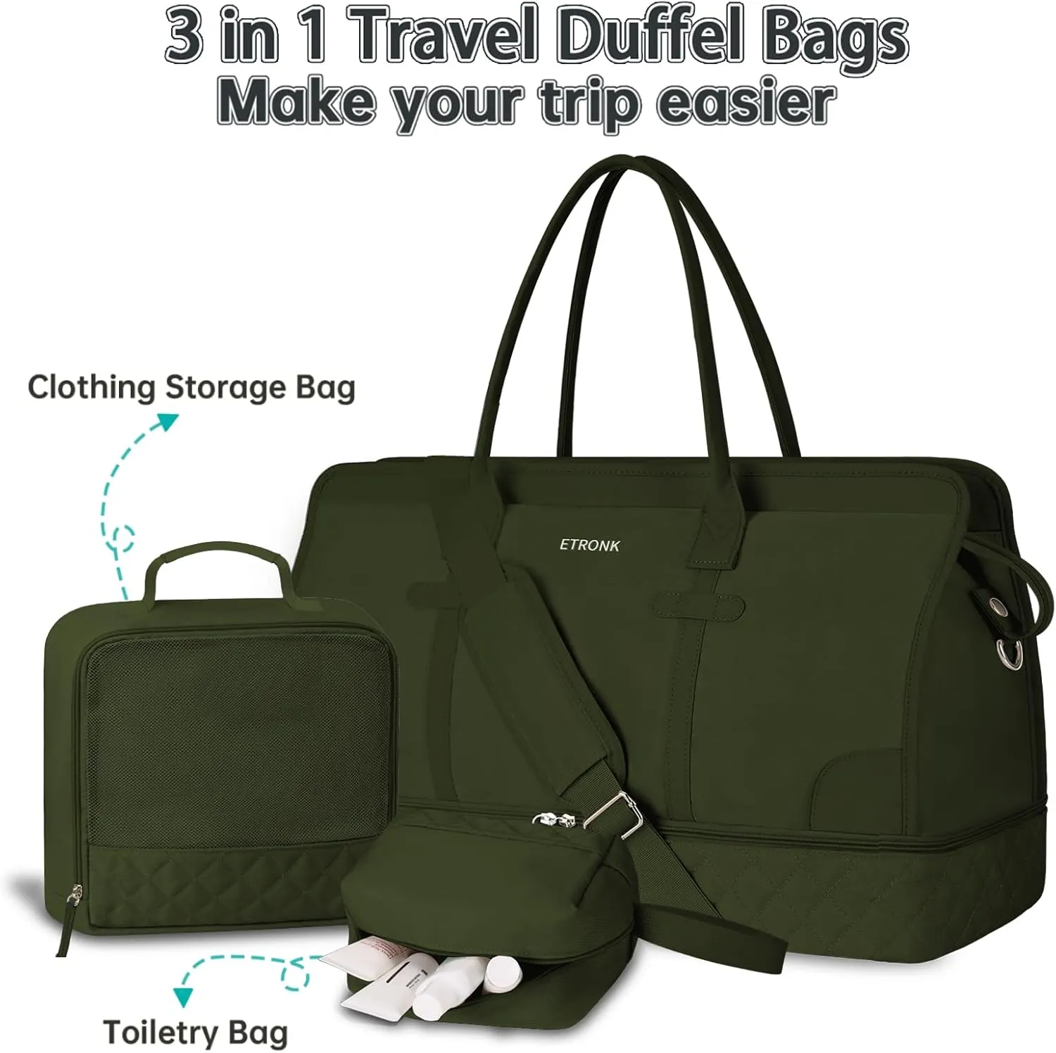 ETRONIK Weekender Overnight Bag for Women, Large Travel Duffle Bag with Shoe Compartment & Wet Pocket, Carry On Tote Bag Gym Duffel Bag with Toiletry Bag, 3 Pcs Set, Large Size, Dark Green